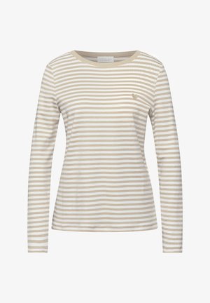 Langarmshirt met beige en witte horizontale strepen, ronde halslijn en een klein beige hartje geborduurd op de linkerborst.