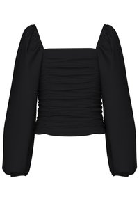 Blouse noire à manches longues avec épaules bouffantes et tissu froncé sur le devant et les côtés, encolure carrée et poignets élastiqués.