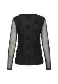 Melnas garām piedurknēm tops ar teksturētu audumu, dekorētu ar izcilām ziedu aplikācijām, caurspīdīgām acs piedurknēm un apaļu kakla izgriezumu.