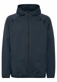 Navy huppari, joka on valmistettu pehmeästä kankaasta, varustettu täysipitkällä vetoketjulla, raglan-hihoilla, kahdella sivutaskulla ja huomaamattomalla logolla rinnassa.