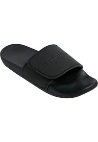 Svart slide-sandal med en texturerad syntetisk rem och sula. Justerbart kardborrestängning. Elegant, minimalistisk design.