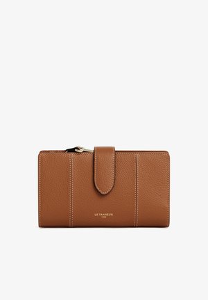 Brown leather wallet with a textured finish, featuring a snap closure and white stitching. Logo stamped on the front. Slim rectangular shape.