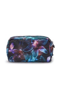 Zippered cosmetic bag featuring a black base with a vibrant floral pattern in blue, purple, and turquoise. Soft, durable fabric material.