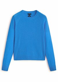 Maglione blu a girocollo realizzato in materiale morbido con maniche lunghe. Orlo e polsini a costine, con una texture liscia e uniforme in tutta la superficie.