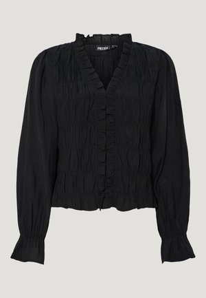 Black long-sleeve blouse made of textured fabric. Features a ruffled V-neckline, button closure, and gathered details along the bodice and sleeves.