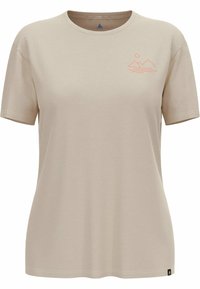 Beige cotton t-shirt with short sleeves, crew neck, and a minimalistic orange mountain and sun graphic on the left chest.
