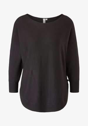 Zwarte gebreide trui met een wijde halslijn, driekwart mouwen en een losse pasvorm. Bevat een zijsplit en geribde manchetten voor textuur.