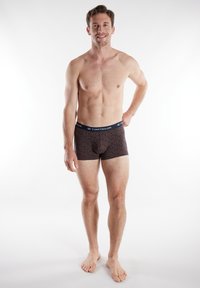 Men's boxer briefs in a dark brown fabric featuring a black leopard print pattern. The waistband is navy with the brand logo.