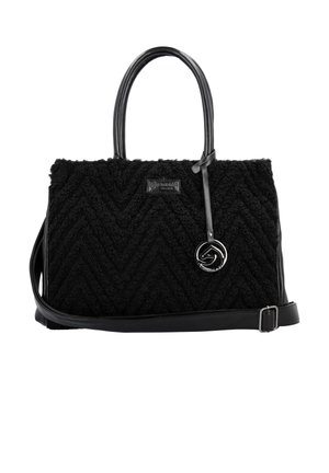 Sac à main noir avec un corps texturé au motif en chevrons. Dispose de poignées en cuir noir lisse et d'une bandoulière détachable avec un accent logo en argent.