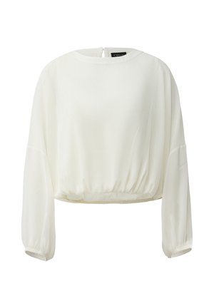 Witte blouse met lange mouwen, een ronde hals, licht gerimpelde zoom en manchetten, en een knoopsluiting aan de achterkant.