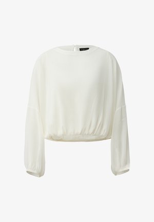 Weiße Langarmbluse mit rundem Ausschnitt, leicht gerafftem Saum und Bündchen sowie einer Knopfverschluss am Rücken.