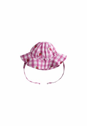 Pink and white checkered baby sun hat with small strawberry prints and chin straps for secure fit.