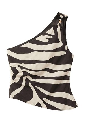 Haut à une épaule imprimé zèbre noir et blanc avec des perles sur la bretelle, cintré à la taille et légèrement évasé en bas.