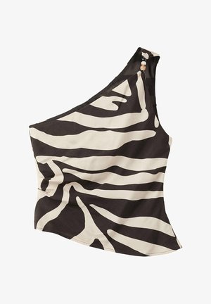 Haut à une épaule imprimé zèbre noir et blanc avec des perles sur la bretelle, cintré à la taille et légèrement évasé en bas.