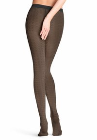 Calze a rete marroni con un design ondulato, realizzate in un materiale trasparente e elasticizzato. Presentano una vita liscia per un comfort ottimale.