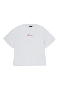 White cotton t-shirt with a relaxed fit, featuring short sleeves and a pink embroidered "Pegador" text on the chest.