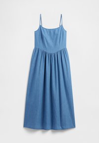 Traper haljina s tankim naramenicama, A-kroja, s naboranim strukom, u jednobojnoj svijetloplavoj boji i s mekanom teksturom.