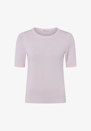Hellrosa kurzärmliges Strickoberteil mit rundem Ausschnitt und geripptem Saum, Größe Small, Marke Marie Lund Copenhagen.
