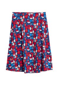 Jupe longueur genou en forme A avec un motif géométrique coloré de cercles et demi-cercles rouges, bleus et blancs sur un fond marine.