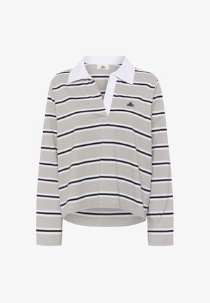 Polo à manches longues gris clair avec des rayures horizontales noires et blanches, doté d'un large col blanc et d'un petit logo sur la poitrine.