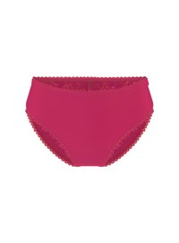 Bas de bikini fuchsia avec bordure festonnée. Présente un tissu extérieur lisse et une doublure intérieure à motif dans des couleurs contrastantes.