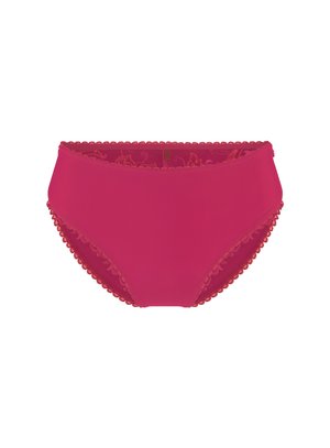 Fuchsia bikini broekje met golvende rand. Beschikt over een gladde buitenstof en een gecamoufleerde binnenvoering in contrasterende kleuren.