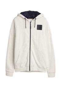 Lichtgrijze rits hoodie met een marineblauwe fleece-gevoerde capuchon. Kenmerkt zich door een gestructureerde zwarte patch en trekkoordaccenten op de capuchon, en heeft voorzakken.