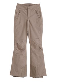 Beige skibukser laget av elastisk stoff, med to glidelås-lomme foran, utsvingte ben og teksturerte detaljer ved mansjettene.