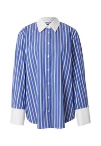Gestreiftes Button-Up-Hemd in Blau und Weiß mit langen Ärmeln und einem weißen Kragen. Hergestellt aus glattem Stoff, mit durchgehender Knopfleiste und breiten Manschetten.