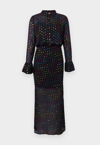 Διαφανές μαύρο φόρεμα-πουκάμισο με πολύχρωμες πιτσιλιές, μακριά μανίκια και φουσκωτούς καρπούς, διαθέτει κουμπωμένη μπροστινή πλευρά και ζωνάκι στη μέση.