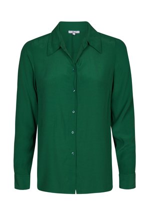 Langsleeve groene shirt met een puntkraag, knopen aan de voorkant en manchetten; gemaakt van een gladde, lichte stof.
