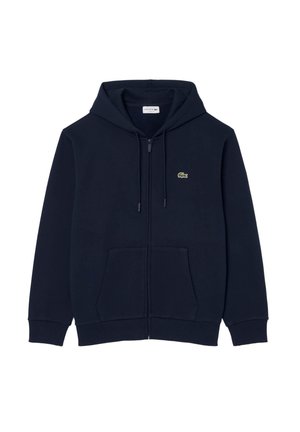 Marineblaue Kapuzenjacke mit durchgehendem Reißverschluss, Fronttaschen, Kordelzug an der Kapuze, gerippten Bündchen und Saum sowie kleinem grünem Krokodil-Logo auf der Brust.