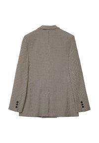Blazer à motif pied-de-coq en beige et noir. Dispose d'un col cranté, de manches longues et de poignets boutonnés. Détail d'une fente arrière unique.