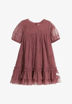 Mauve Kleid mit kurzen transparenten Ärmeln, floralen Stickereien und einem gerafften Rüschensaum. Hergestellt aus einem leichten Stoff mit strukturiertem Muster.