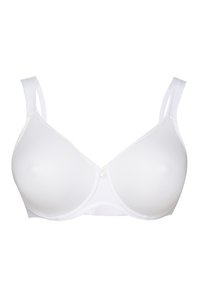 Witte gladde onderbedrading bh met verstelbare bandjes en een kleine decoratieve knop aan de voorkant in het midden.