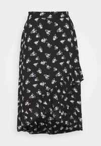 Mustassa kukkakuvioisessa hameessa on röyhelöhelma, jossa on pieniä sinisiä ja valkoisia kukkakuvioita tummalla taustalla. Kevyt materiaali.