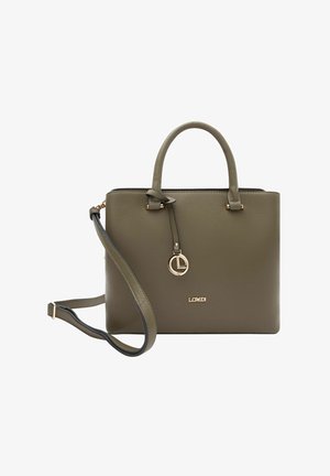 Sac à main en cuir vert olive avec deux poignées et une bandoulière amovible. Éléments en or et logo à l'avant. Fini texturé.