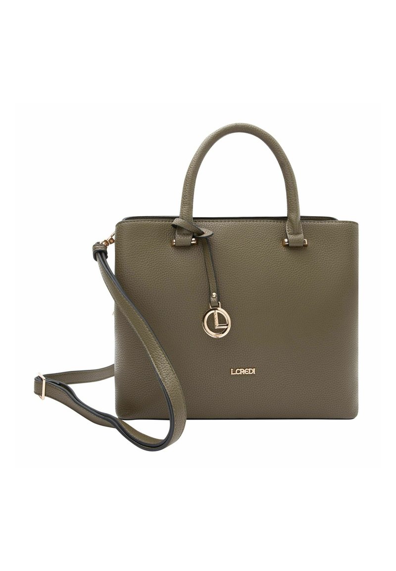 Sac à main en cuir vert olive avec deux poignées et une bandoulière amovible. Éléments en or et logo à l'avant. Fini texturé.