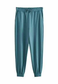 Teal sweatpants lavet af glat stof, med en elastisk talje med snor, sidelommer og elastiske manchetter ved anklerne.