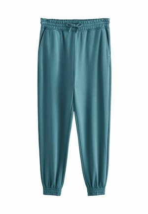 Teal sweatpants lavet af glat stof, med en elastisk talje med snor, sidelommer og elastiske manchetter ved anklerne.