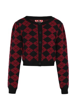 Rood en zwart geblokt cropped vest met lange mouwen, ronde hals en vijf knopen aan de voorkant. Zachte breistekstuur.