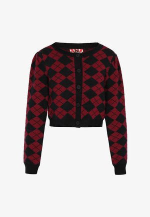 Cardigan scurt cu model argyle roșu și negru, cu mâneci lungi, guler rotund și cinci butoane în față. Textură moale din tricot.