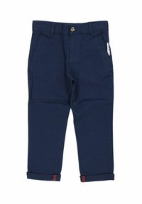 Laskuhousut tummansinistä puuvillaa, joissa on etutaskut, napin suljenta ja käännetyt lahkeet punaisilla yksityiskohdilla. Sileä pinta ja hyvin istuva malli.