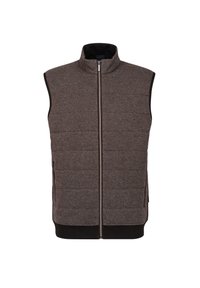 Braune, gesteppten Weste mit hohem Kragen, Reißverschluss und Seitentaschen. Verfügt über ein Fischgrätmuster und kontrastierendes Material am unteren Ende.