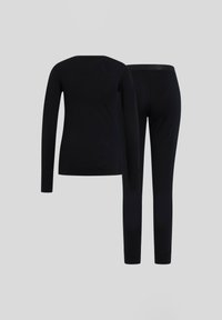 Black long-sleeve top and fitted pants. Soft fabric, round neckline, and slim fit. Elastic waistband on pants with no visible hardware details.