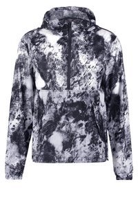 Lekka czarno-biała kurtka z kapturem, z abstrakcyjnym, teksturowanym wzorem, zamykaną na zamek kieszenią z przodu oraz elastycznymi mankietami.