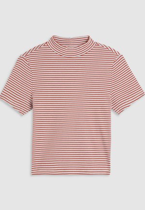 Striped short-sleeve t-shirt featuring red and white horizontal stripes, high neckline, soft cotton material, and a relaxed fit.
