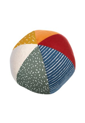 Multicolored fabric cushion with abstract patterns, featuring sections of mustard yellow, red, dark green, blue stripes, and cream. Soft texture.