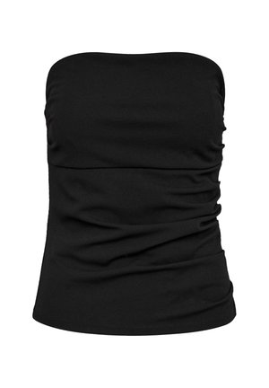 Top tubo negro sin tirantes con fruncido, escote recto y silueta ajustada.