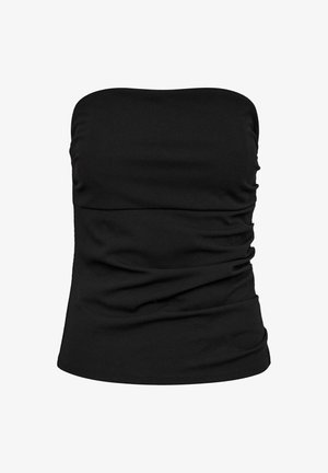 Schwarzes, trägerloses, gerafftes Tube-Top mit geradem Ausschnitt und figurbetontem Schnitt.